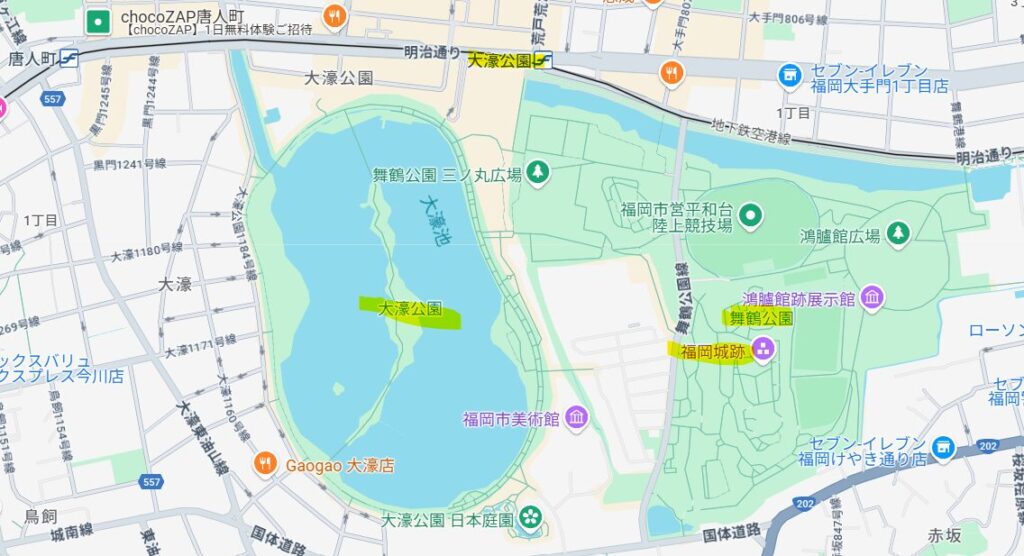 大濠公園のランニングコース全体の写真GOOGLEMAPより筆者A