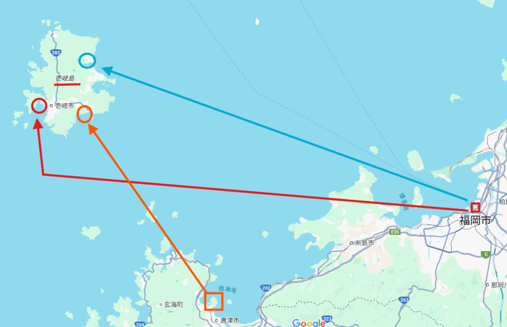 筆者A解説による壱岐島までのフェリールート